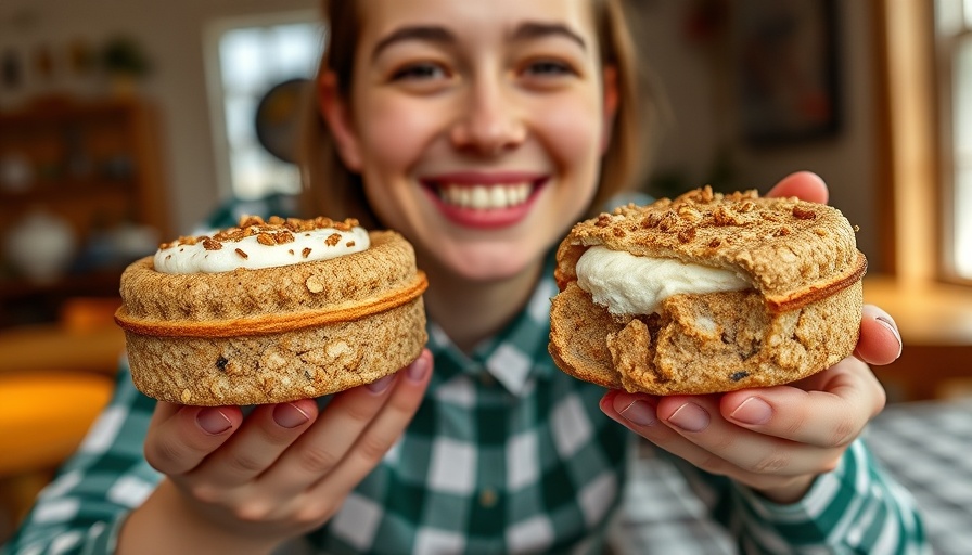 Vegan oatmeal cream pies with smiling person, recipe inspiration.