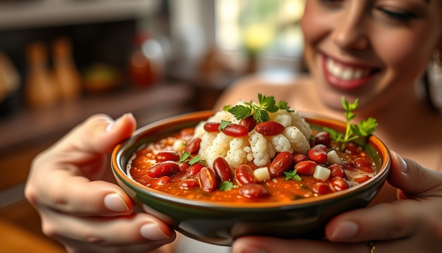 Vegan red beans and rice recipe in a bowl garnished with herbs.