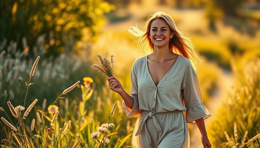 Woman in nature with wildflowers, promoting peace and wellness.