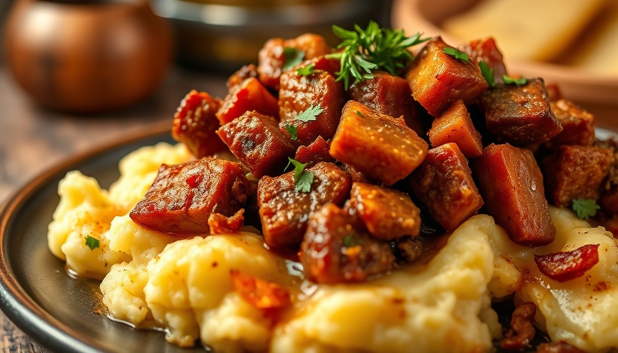 Delicious jackfruit roast recipe on mashed potatoes in a warm kitchen.