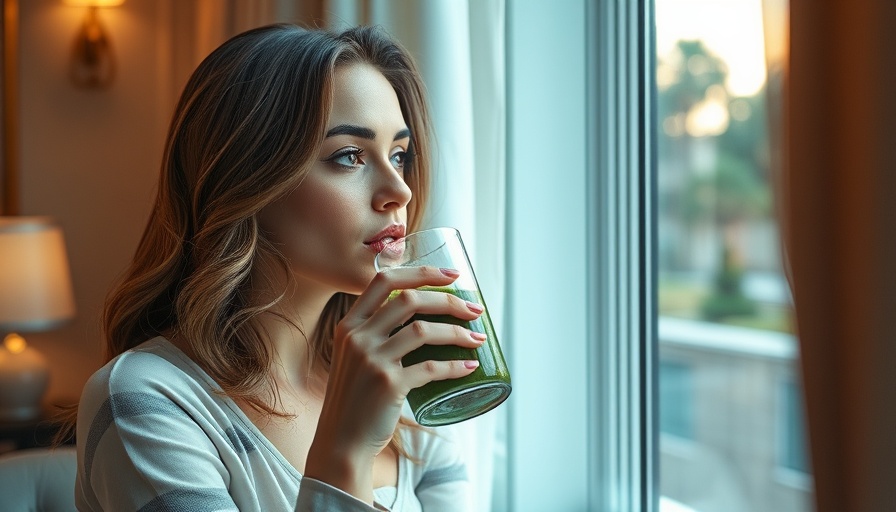 Woman enjoys a green smoothie for gut health secrets in natural lighting.