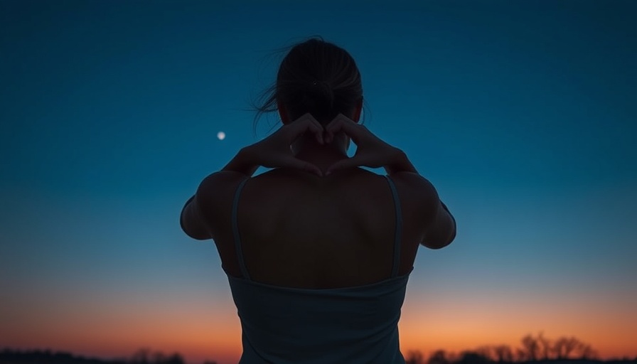 Woman making a heart shape with hands around the moon at dusk