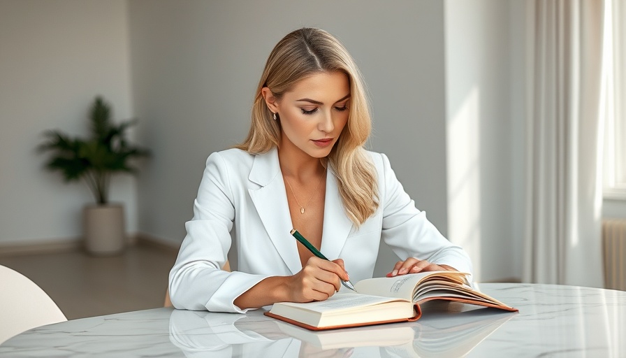 Blonde woman writing in a journal for creativity rituals, bright setting.