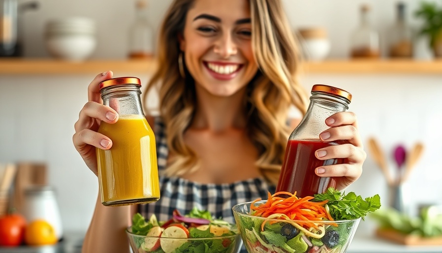 Healthy homemade salad dressings and vibrant salads in a kitchen setting.