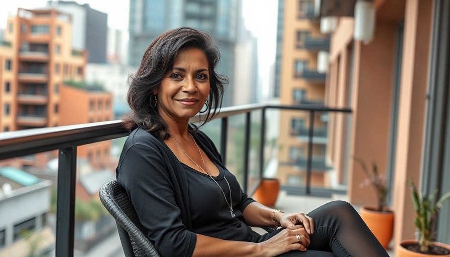 Confident woman over 50 seated on a balcony, showcasing balance after 50.