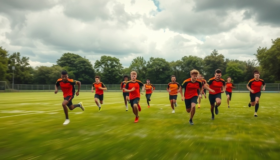 Football pre-season training drills with athletes running outdoors.