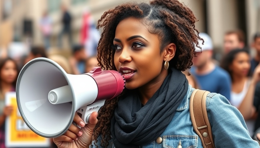 Young woman advocating for menstrual leave petition with megaphone.