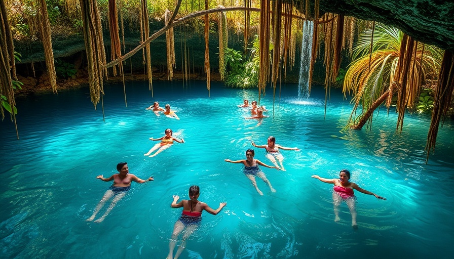People swimming in a cenote in Merida, Mexico, surrounded by lush greenery.