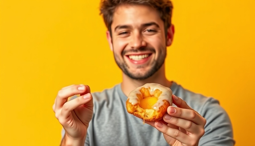 Man showcasing Vegan Peach Fritters Recipe with a smile, vivid display.