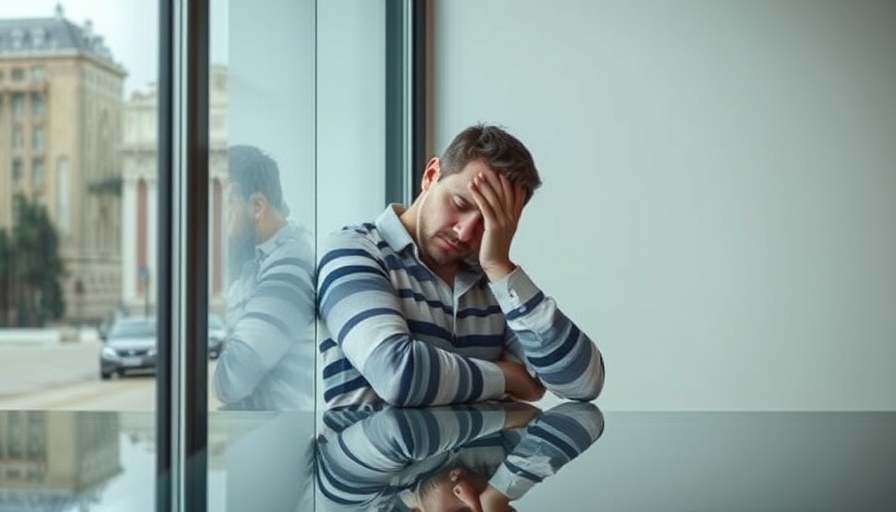 Stressed man in striped shirt reflecting burnout in modern setting.