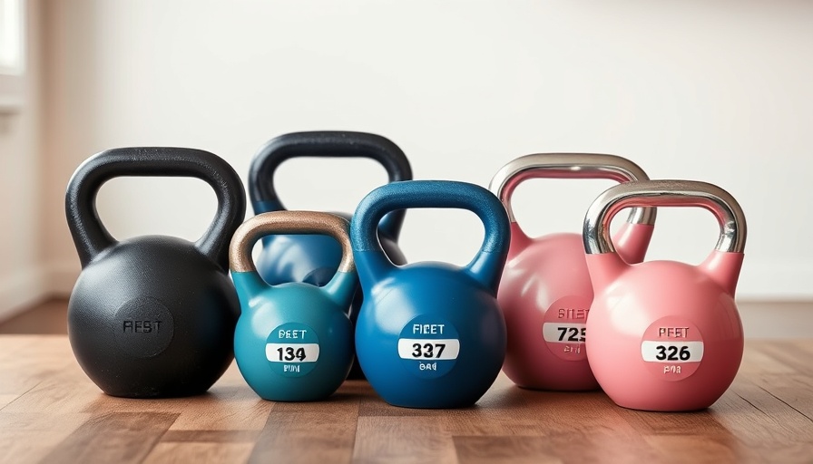 Diverse kettlebells for home fitness on a wooden surface.