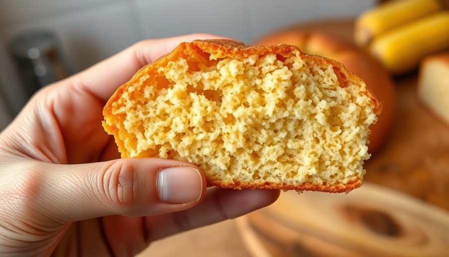 Fluffy vegan cornbread slice held by hand.