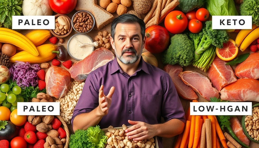 Nutritarian diet for longevity: Diverse foods with male presenter.