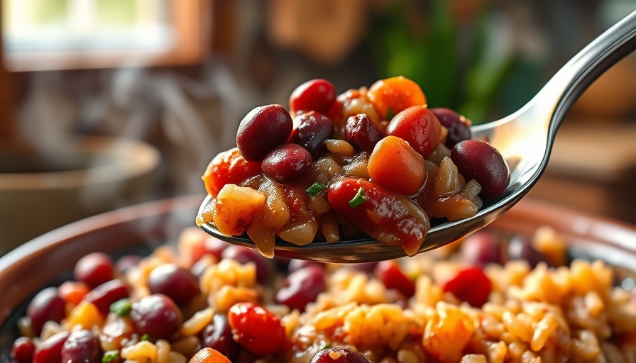 Vegan red beans and rice being served in a cozy kitchen.
