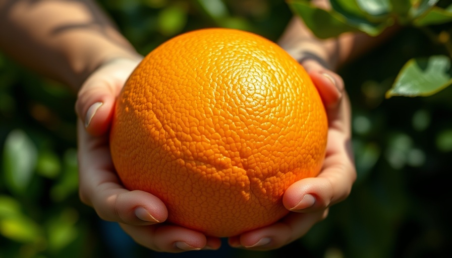Close-up view of hands holding an orange exotic fruit, highlighting its texture and vibrant color.