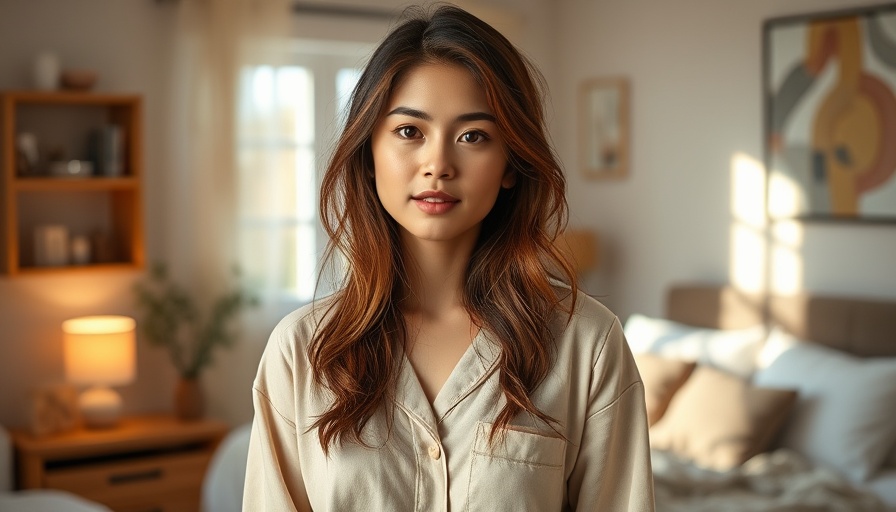 Young woman in cozy beige pajamas in a bright bedroom mirror.