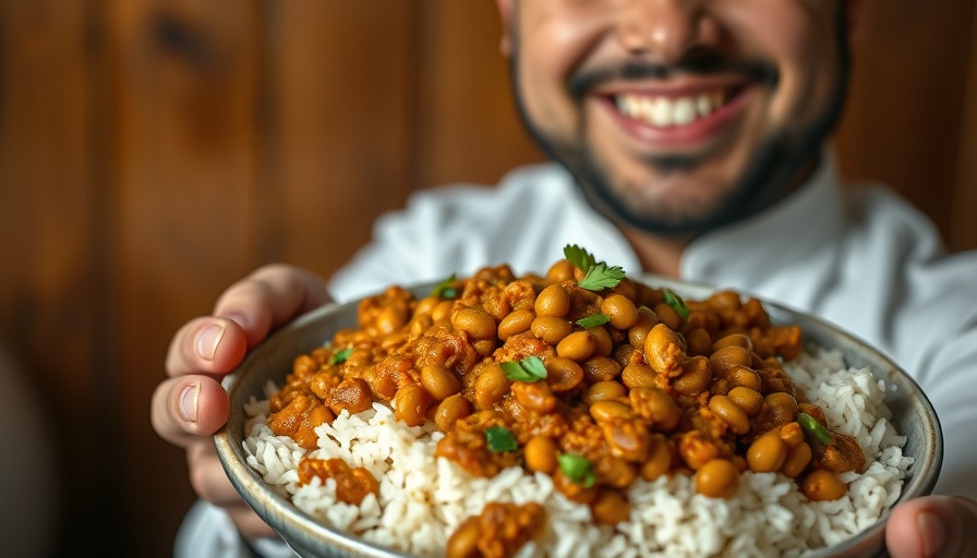 30-minute lentil recipe with rice held by smiling chef in warm setting
