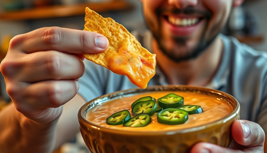 Homemade vegan Doritos with spicy queso in a vibrant kitchen setting.
