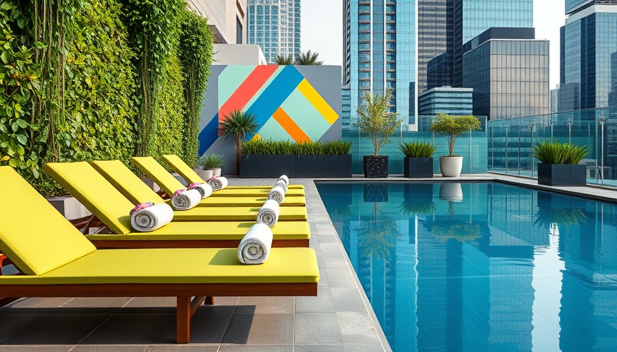 Boutique hotel rooftop pool in Nashville with colorful decor.
