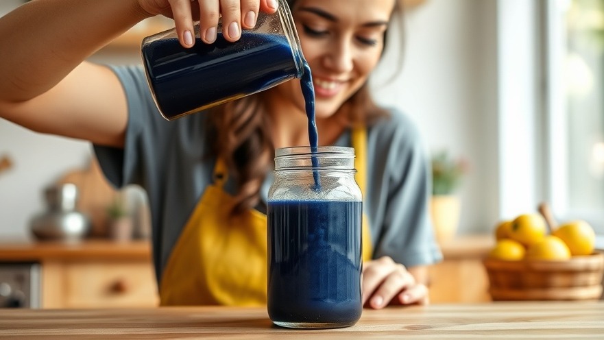 Vibrant dark blue smoothie ingredients poured into a jar, showcasing meal prep tips and nutrition benefits.
