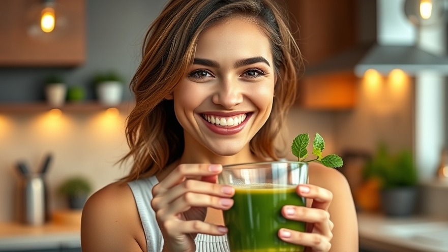 Cheerful woman smiling with vibrant green juice, showcasing juicing benefits in a modern kitchen.