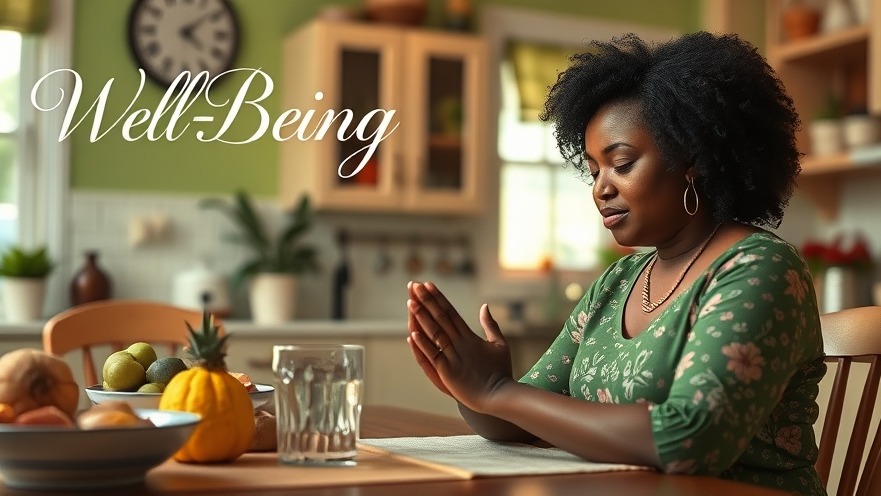 A Black woman praying at her kitchen table, embodying wellness tips and health trends.