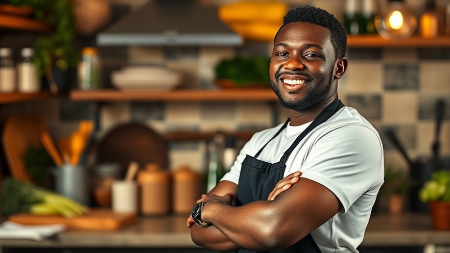 Smiling young Black chef with vegan broccoli cheddar soup in a cozy kitchen, perfect for plant-based comfort food.