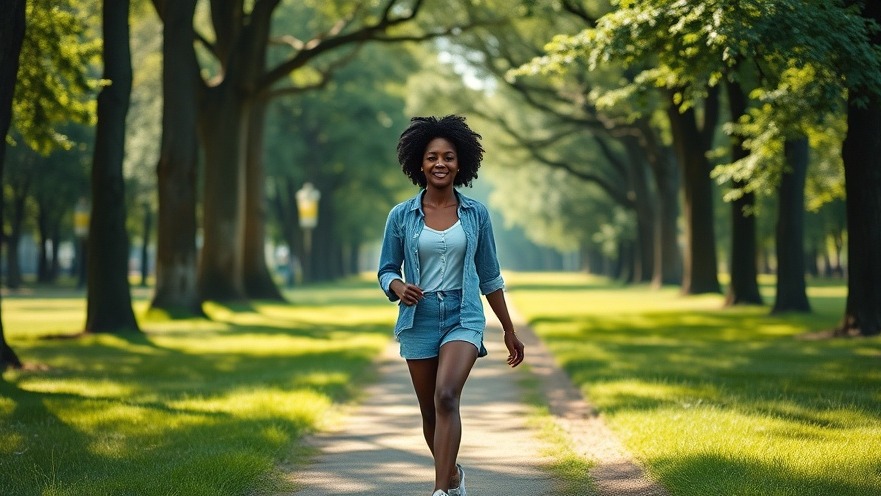 Black female walker enjoying morning exercise in a serene park, promoting the health benefits of walking.