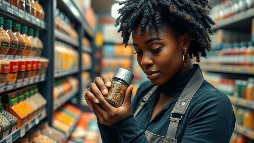 Professional Black woman selecting lemon pepper among colorful spices for nutritious seasonings.