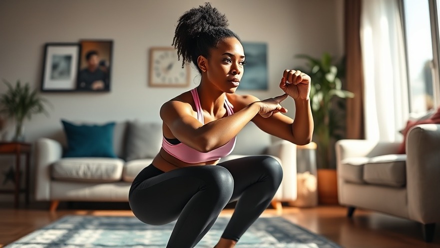 Athletic young Black woman performing squats at home, embracing an active lifestyle.