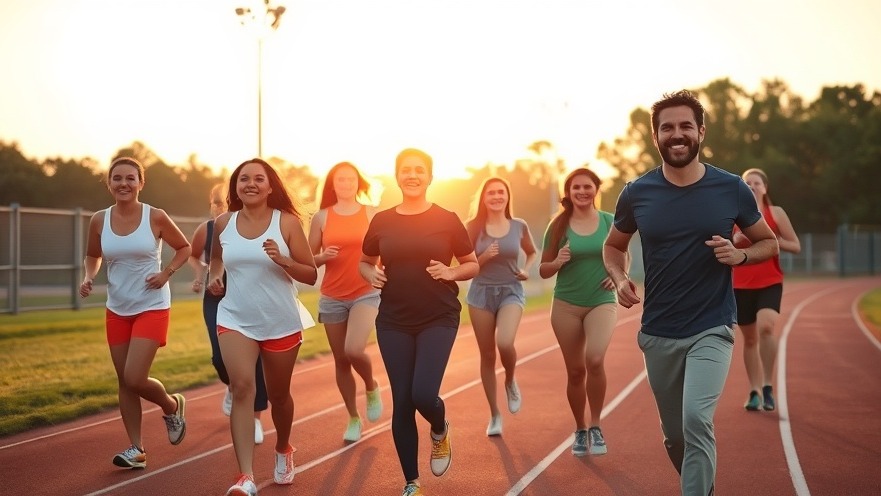 Healthy eating and wellness journey: diverse group walking at sunrise on an athletic track.