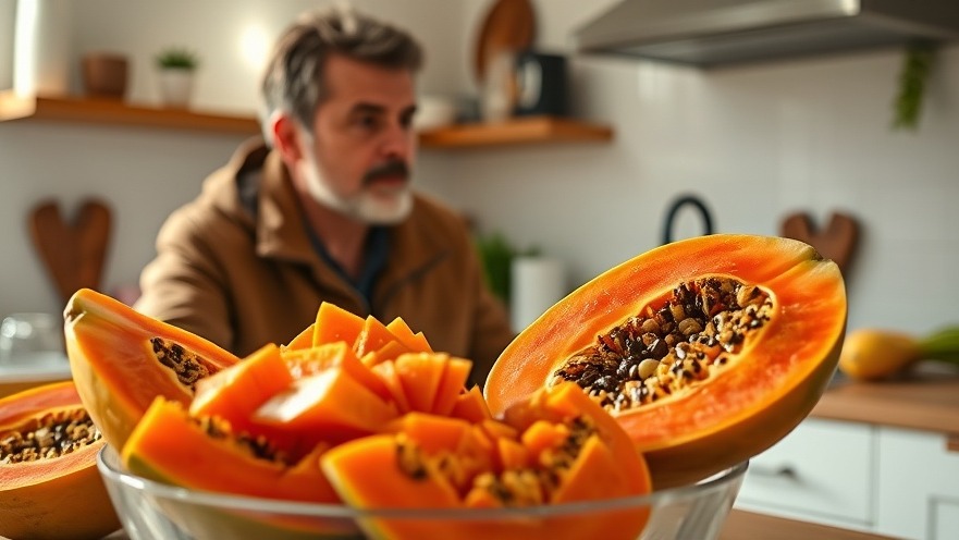 K-beauty skincare routine with fresh papaya in a bright kitchen setting.