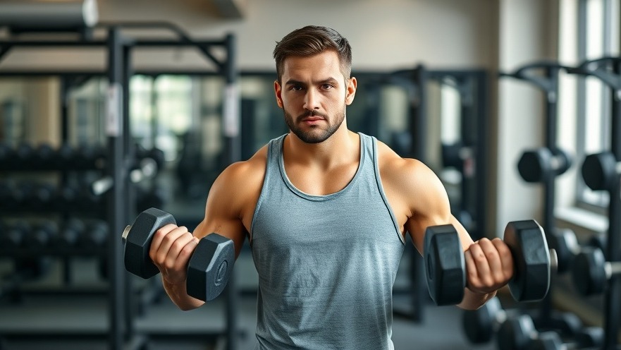 Focused fitness enthusiast showcasing strength training benefits with dumbbells in a gym.