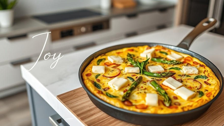 Vibrant frittata styled with asparagus, potatoes, and goat cheese in a modern kitchen.