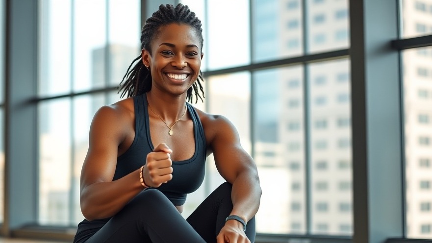 Smiling Black woman in workout gear with ankle weights, balancing glute exercises in a busy lifestyle.