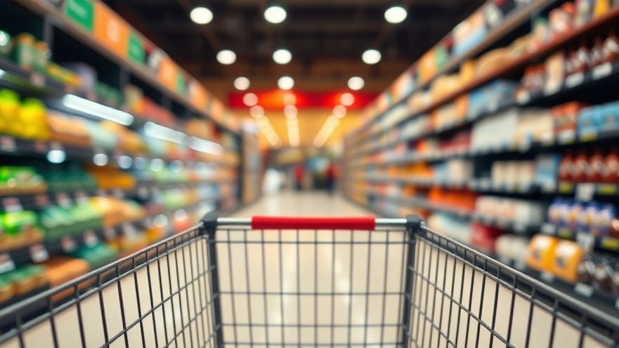 Shopping cart view in a grocery store aisle with bright lights.