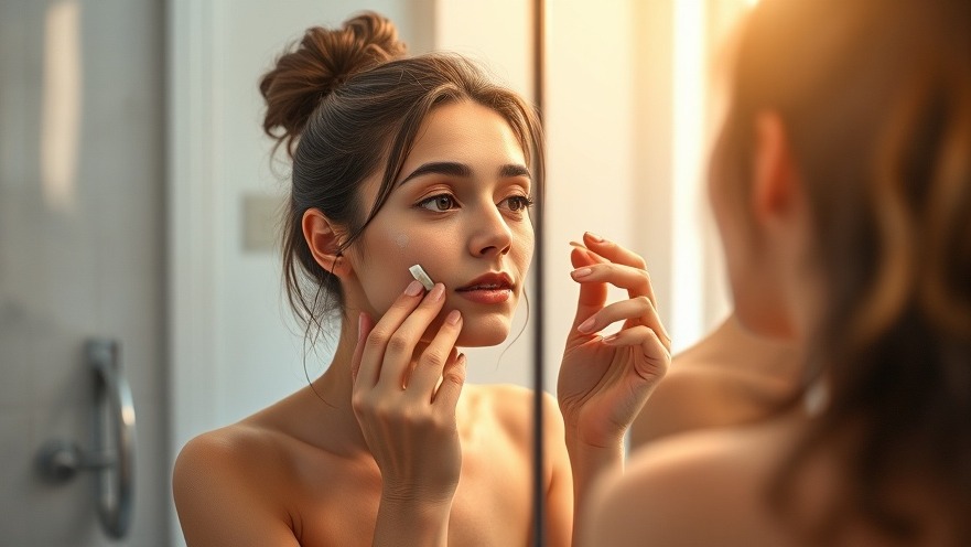 Young woman applying professional skincare in a serene bathroom, reflecting on her routine.