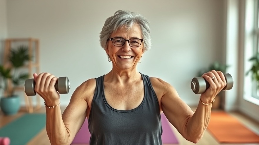 Smiling older woman lifting dumbbells, showcasing fitness for seniors in a vibrant home workout.