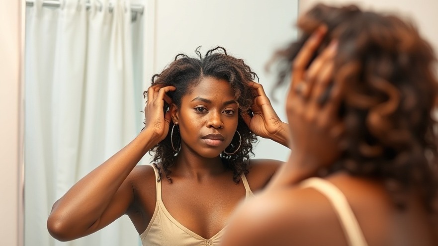 Middle-aged Black woman examining hair loss, contemplating genetic predisposition and healthy hair care.