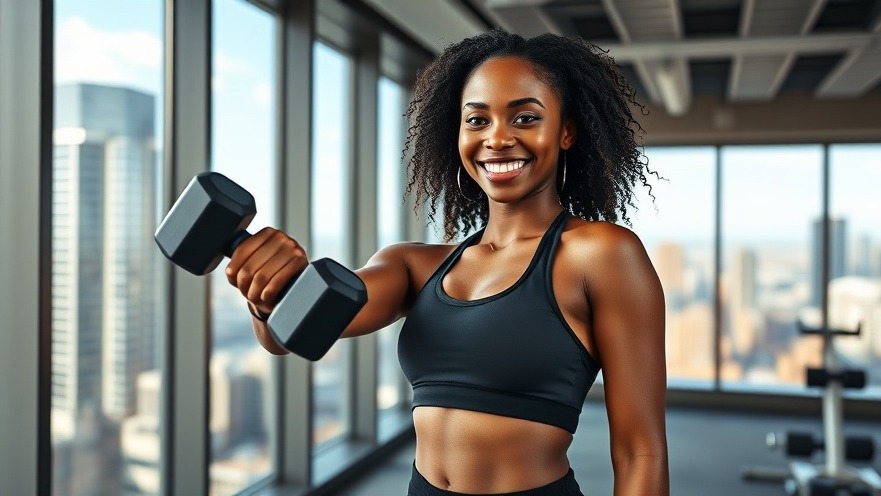 Fit Black woman smiling with dumbbell in high-rise gym, showcasing strength training.