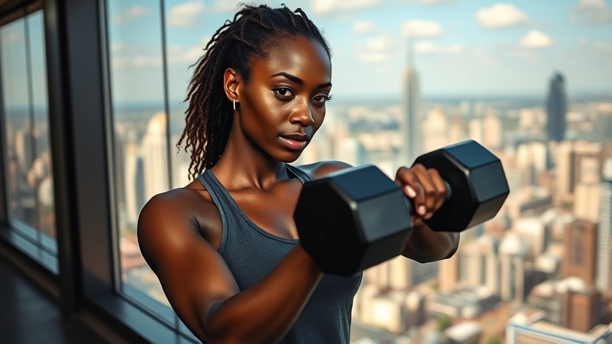 Confident Black woman preparing for a dumbbell workout for strong legs and glutes.