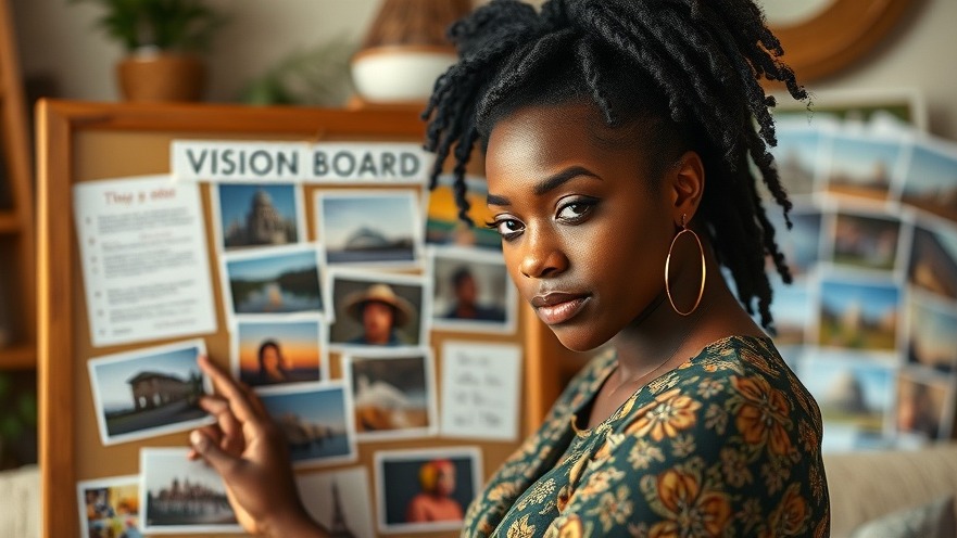 Young Black woman curating a vision board, showcasing the benefits of vision boards with warm colors.