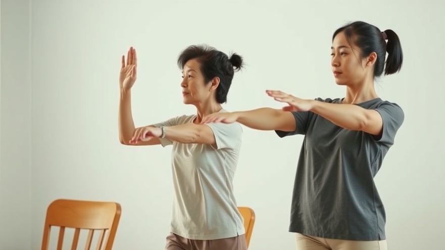Senior-friendly shoulder stretches improve joint mobility, featuring two Asian women exercising indoors.
