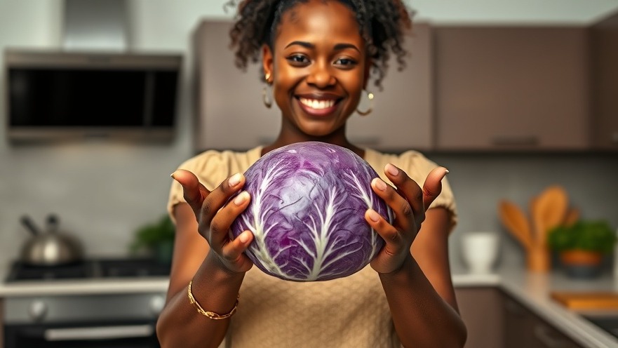 Enthusiastic Black woman showcasing the nutritional benefits of purple cabbage in a modern kitchen.