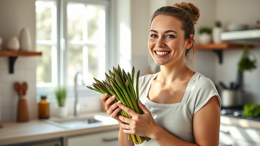 Smiling woman discussing digestive health and bad breath, holding asparagus in a bright kitchen.