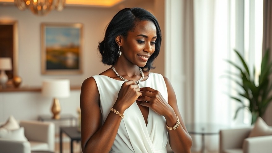 Elegant middle-aged Black woman embodying self-love in a soft life, adjusting jewelry.
