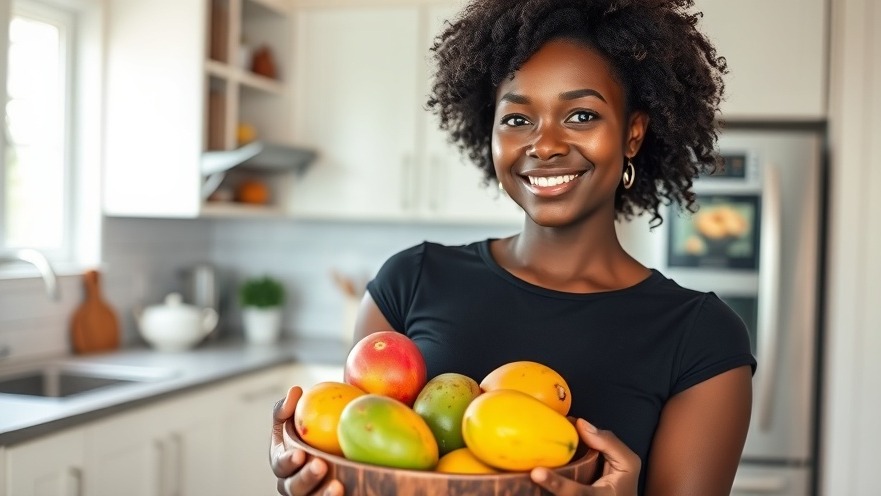 Black woman in a bright kitchen showcasing fresh mangoes, highlighting their nutrition facts.