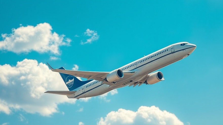 Photorealistic airplane flying in a blue sky, showcasing hydration tips for long flights.
