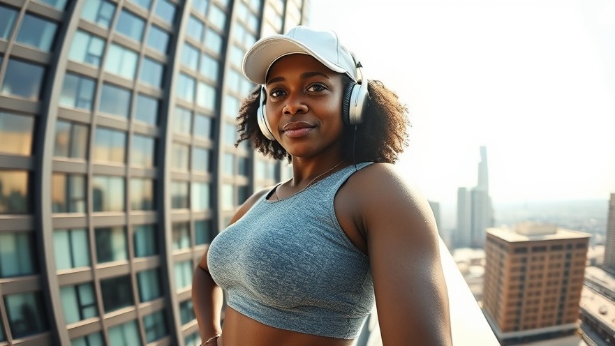 Confident Black woman in athletic wear embraces positive affirmations of resilience.