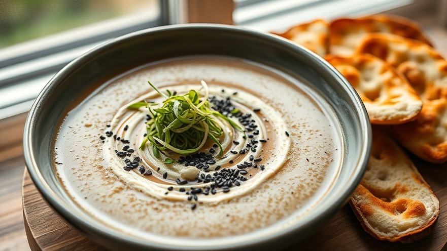 Delicious miso tahini veggie soup with green sprouts, a great meal prep tip.